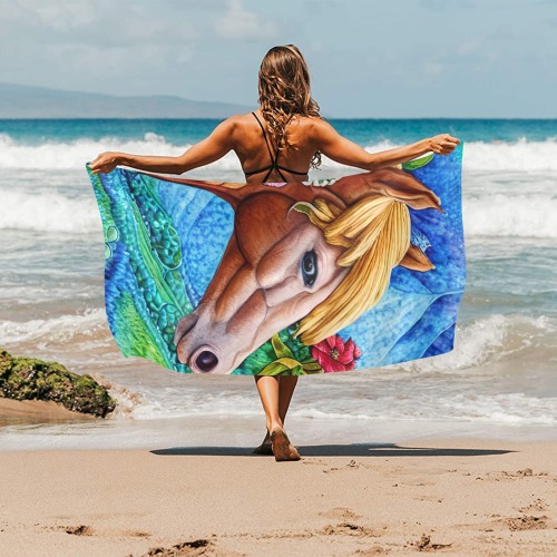 Boho Simulated Quilt Horse Artwork Beach Towel 30"x 60"