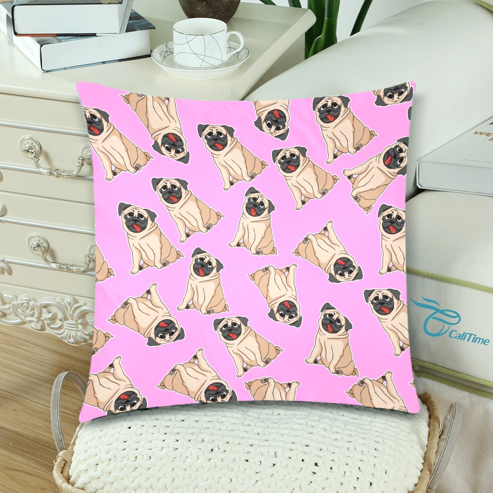 Pugs on Pink Custom Zippered Pillow Cases 18"x 18" (Twin Sides) (Set of 2)