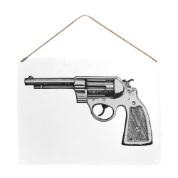 Image of a vintage revolver. White-stroked. Metal Sign 16"x12"