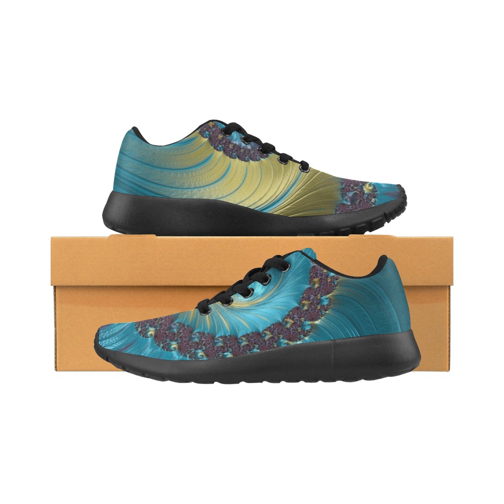 Turquoise and Gold Spiral Fractal Abstract Men’s Running Shoes (Model 020)
