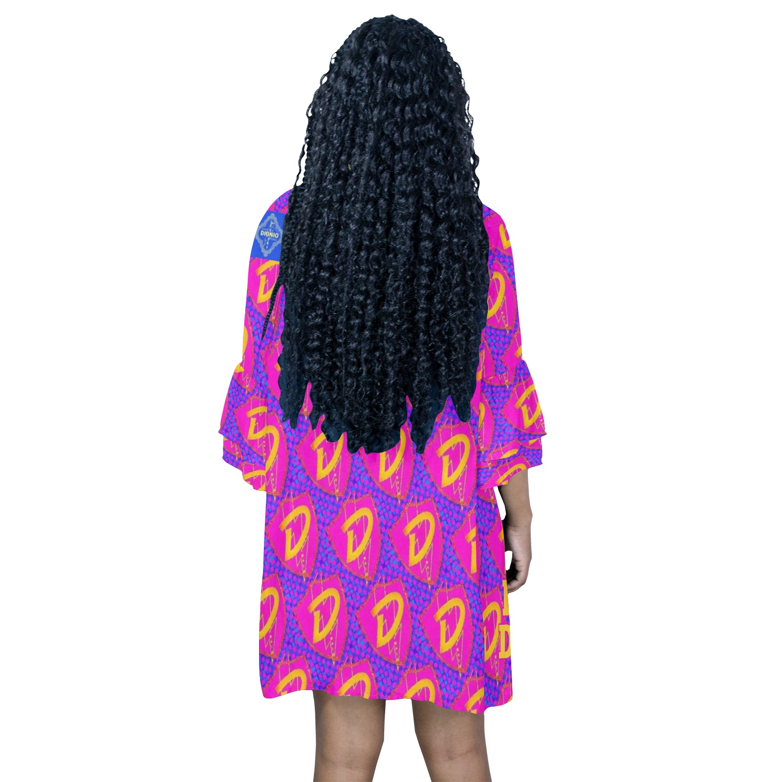 DIONIO - Ladies Half sleeves V-Neck Mini Dress (Pink,Yellow & Purple Logo) Half Sleeves V-Neck Mini Dress (Model D63)