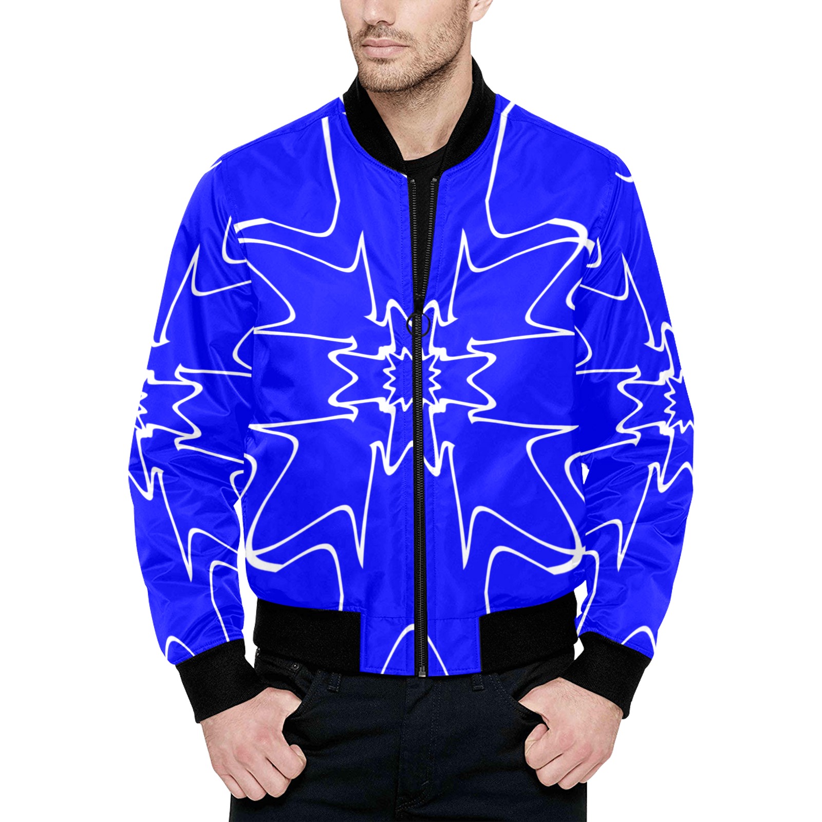 White Interlockingcrosses Starred Blue All Over Print Quilted Bomber