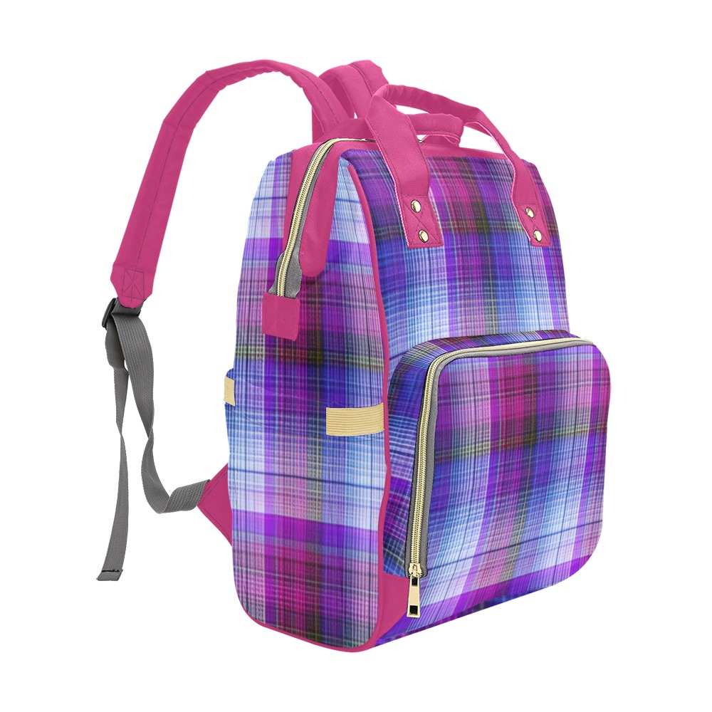 Purple Plaid w/Pink Multi-Function Diaper Backpack/Diaper Bag (Model 1688)