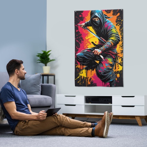 Aggressive ninja. Colorful fantasy art, dark theme House Flag 34.5"x56"