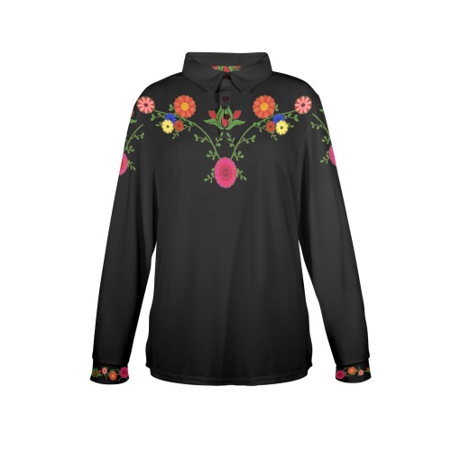 Flowers on the Vine Row / Black Women's Long Sleeve Polo Shirt (Model T73)
