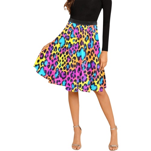 Rainbow Leopard Print Melete Pleated Midi Skirt (Model D15)