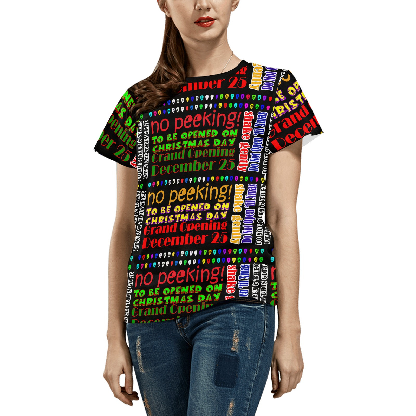 DO NOT OPEN TIL Christmas All Over Print T-Shirt for Women (Solid Color Neck) (Model T40)