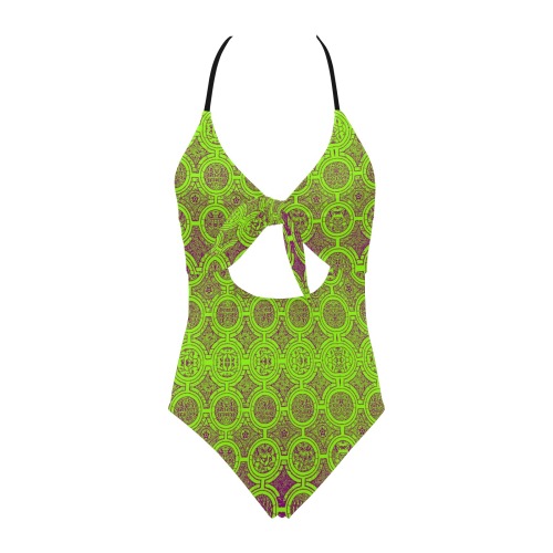 AFRICAN PRINT PATTERN 2 Backless Hollow Out Bow Tie Swimsuit (Model S17)