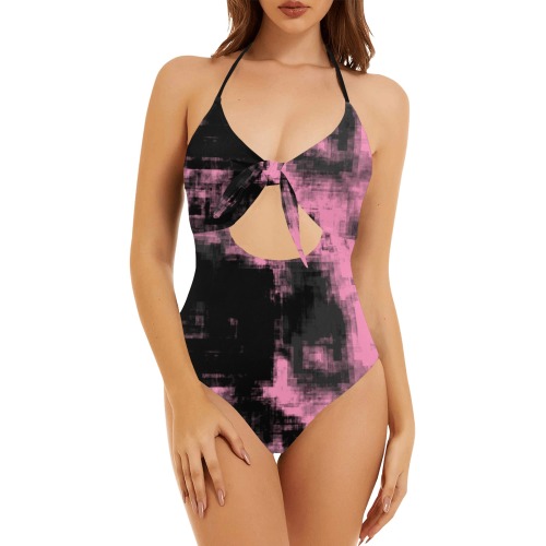 Pink Gray and Black Backless Hollow Out Bow Tie Swimsuit (Model S17)