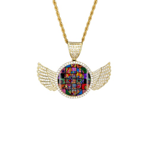 Skull by Nico Bielow Wings Gold Photo Pendant with Rope Chain
