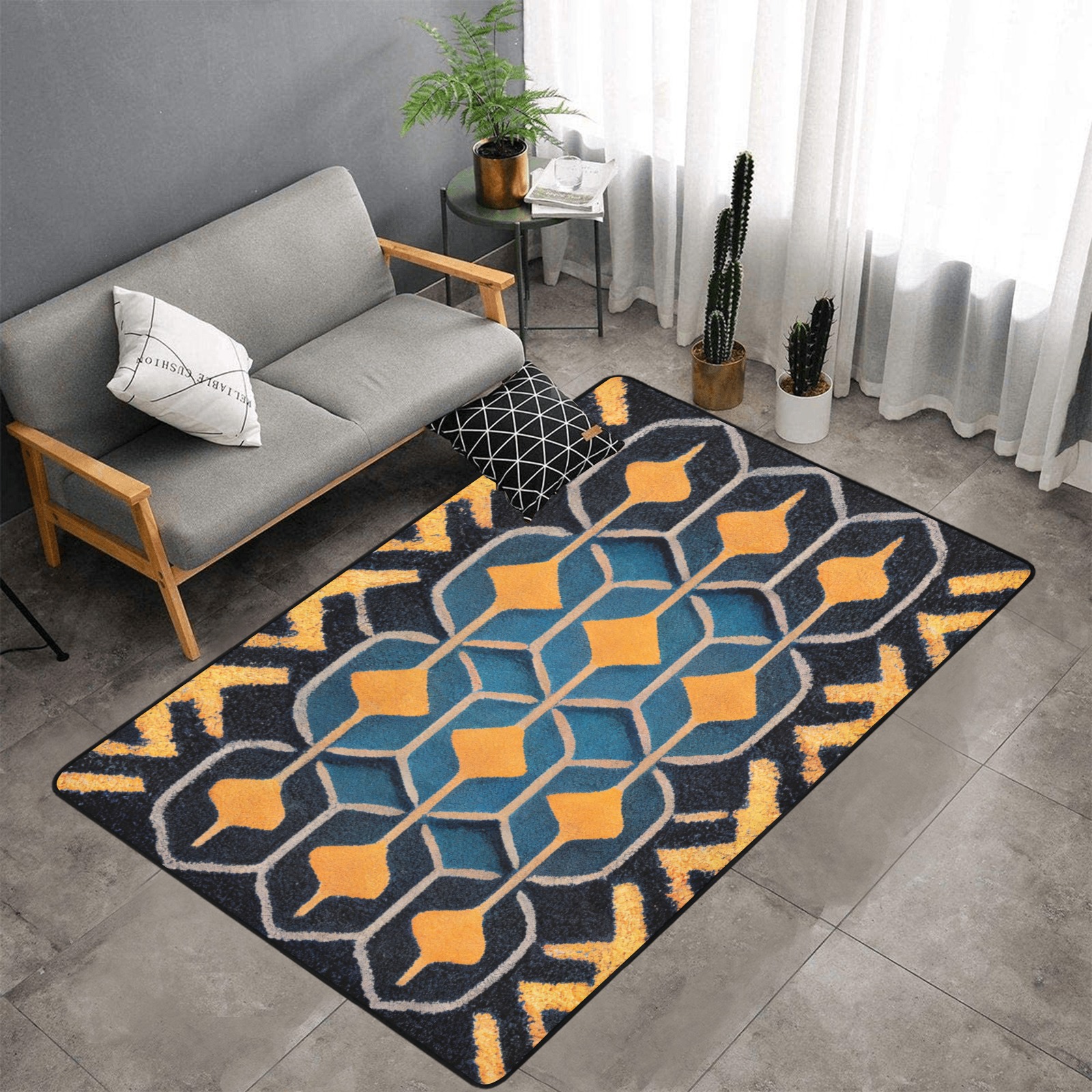 repeating pattern, gold and blue Area Rug with Black Binding 7'x5'
