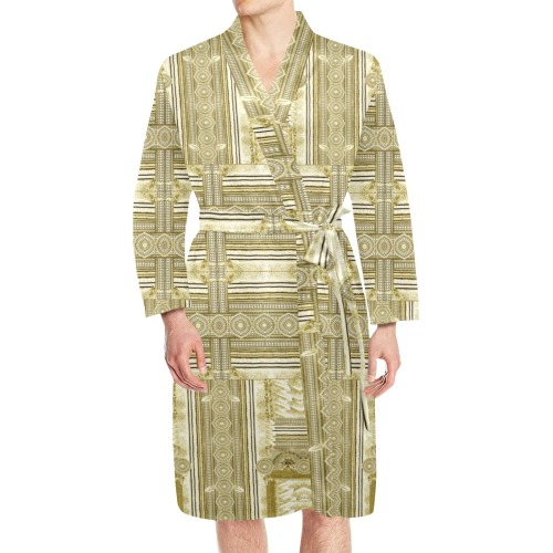 greec mosaic gold Men's Long Sleeve Belted Night Robe (Model H56)