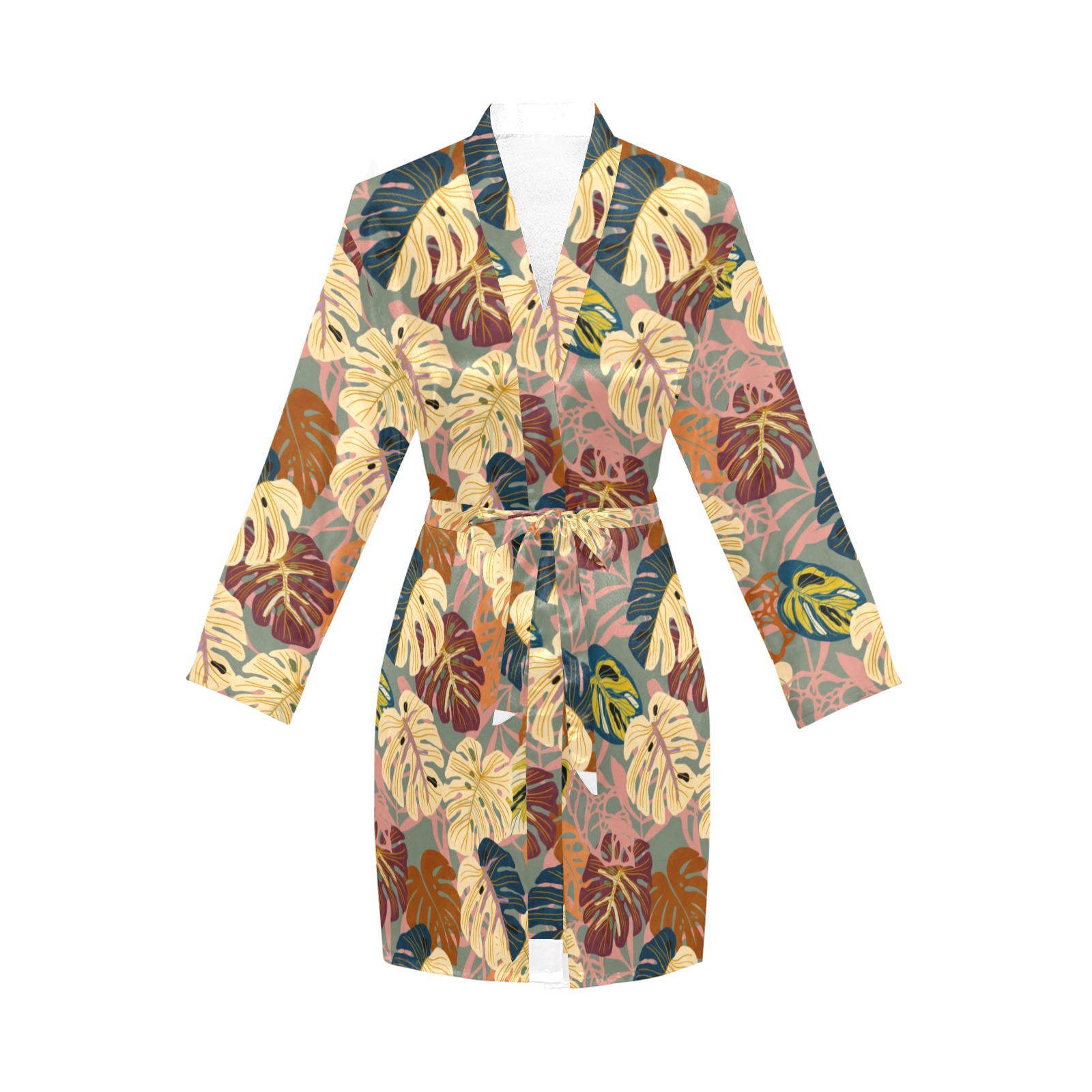 Modern leaves tropical K Women's Long Sleeve Belted Night Robe