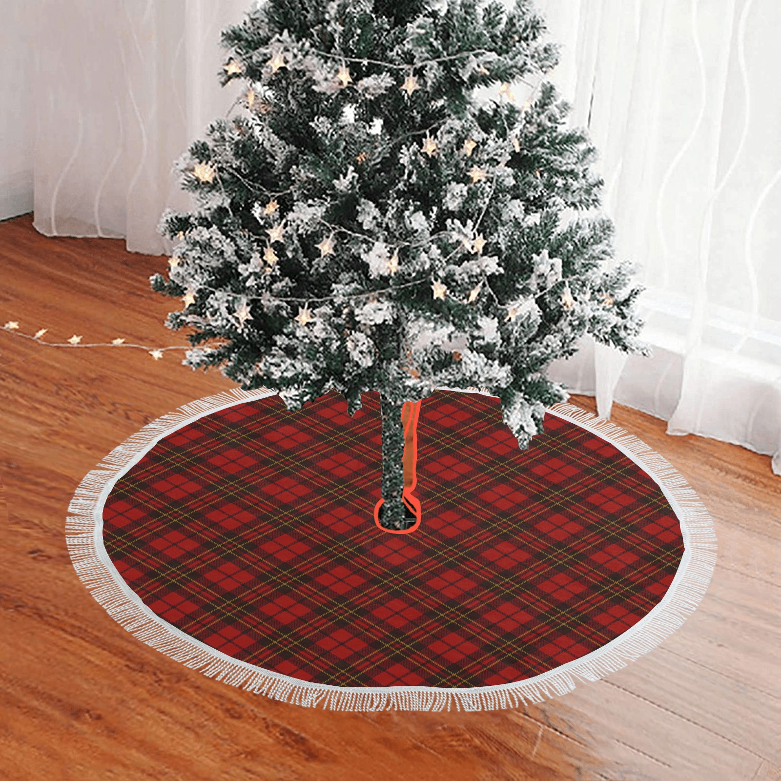 Red tartan plaid winter Christmas pattern holidays Thick Fringe Christmas Tree Skirt 36"x36"