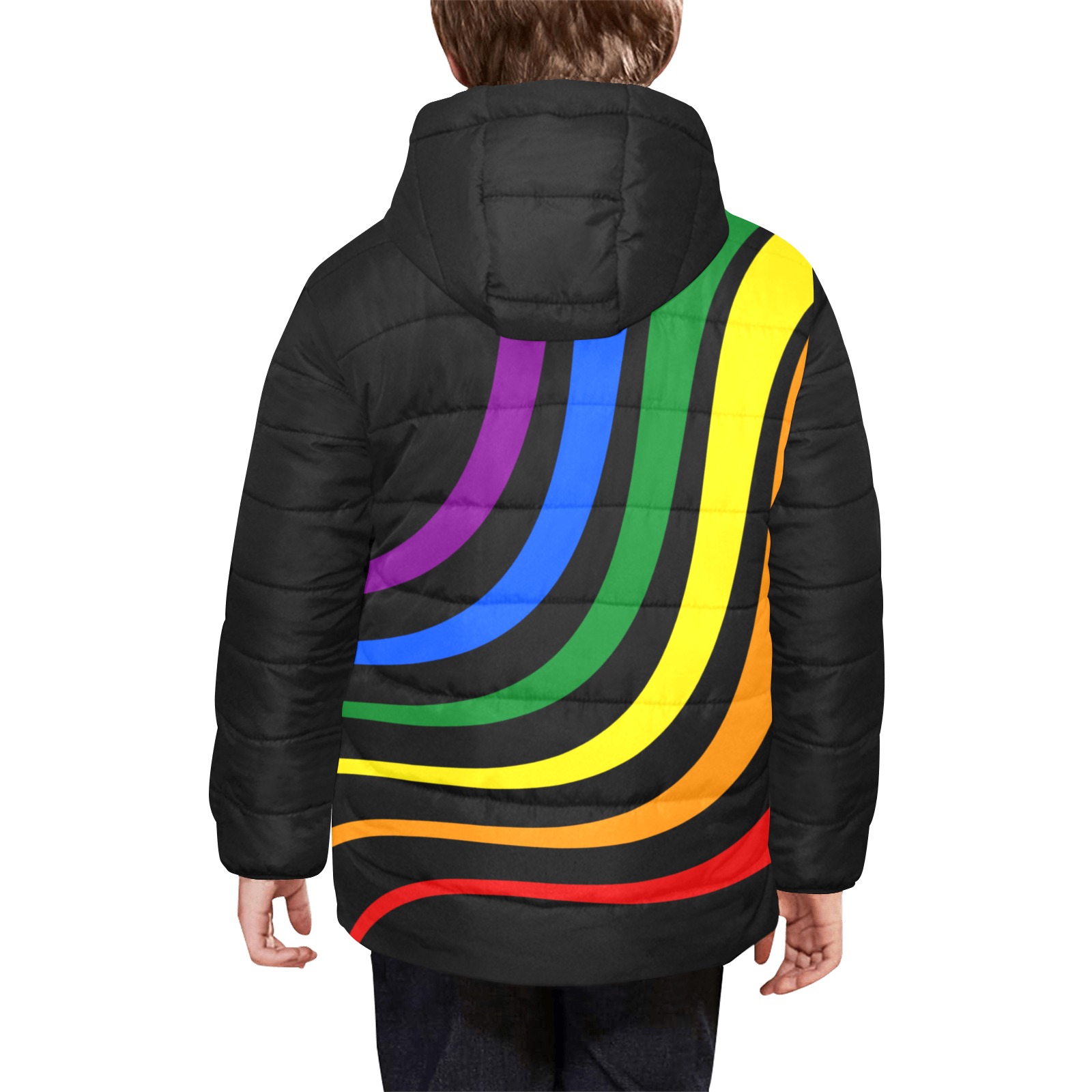 Rainbow Pride Colors Black Kids' Padded Hooded Jacket (Model H45)