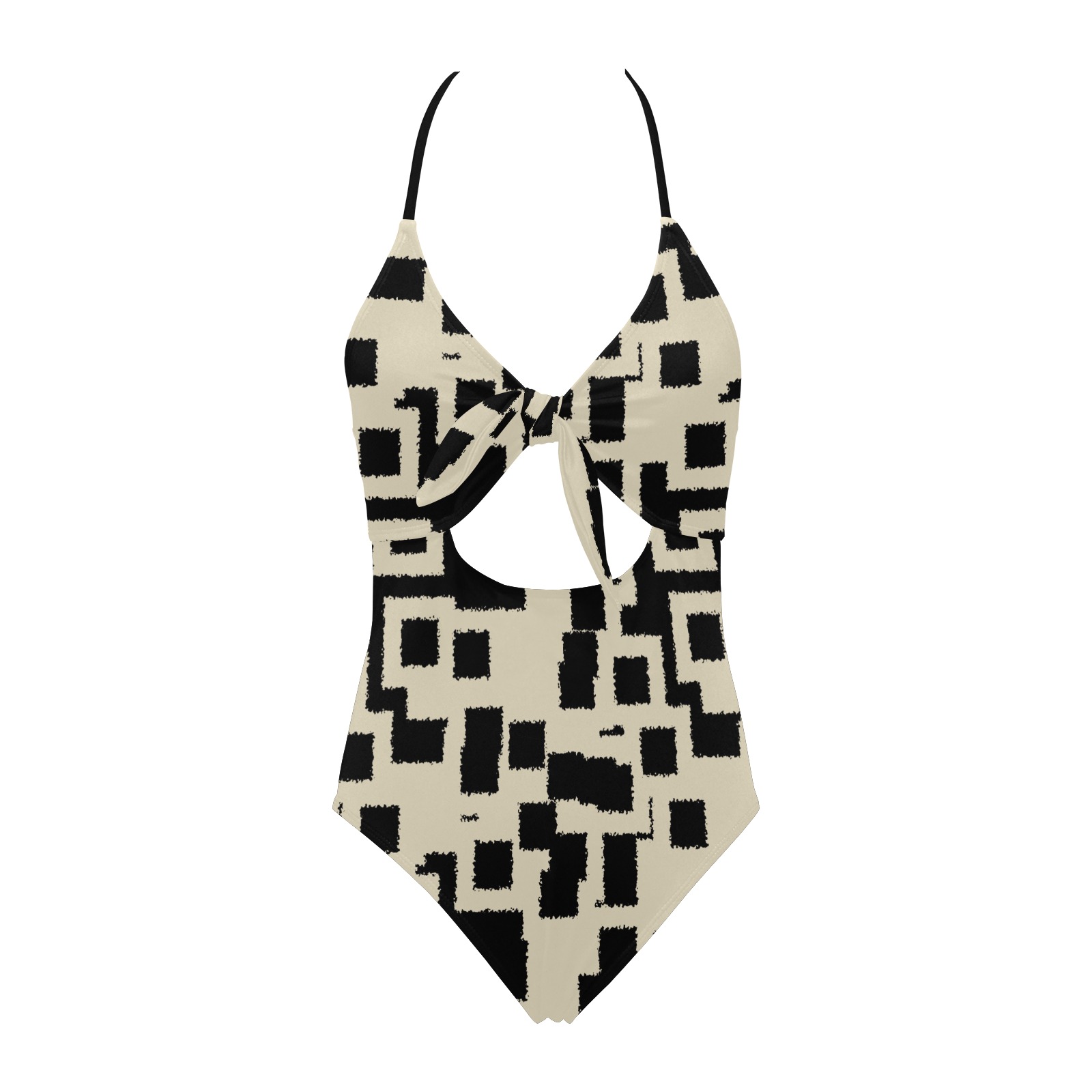 Vintage Squares Backless Hollow Out Bow Tie Swimsuit (Model S17)