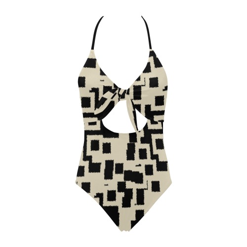 Vintage Squares Backless Hollow Out Bow Tie Swimsuit (Model S17)