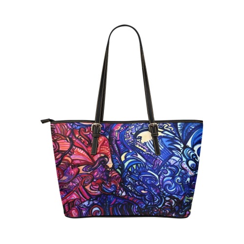 blue and red graffiti drawing Leather Tote Bag/Large (Model 1651)