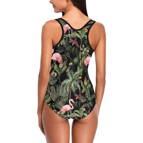 Flamingo Jungle on Black Vest One Piece Swimsuit (Model S04)