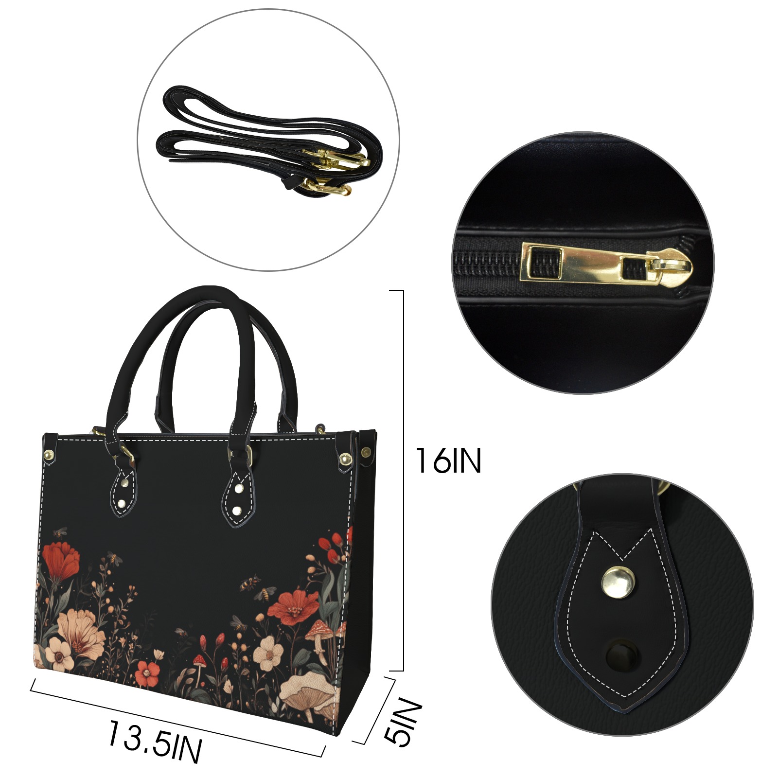 Floral Print with Mushrooms v1 PU Leather Handbag-Medium (Model 1747)