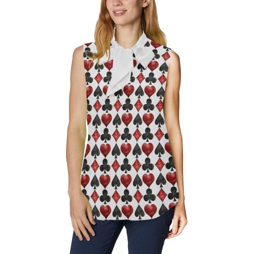 Black Red Playing Card Shapes - Silver Women's Bow Tie V-Neck Sleeveless Shirt (Model T69)