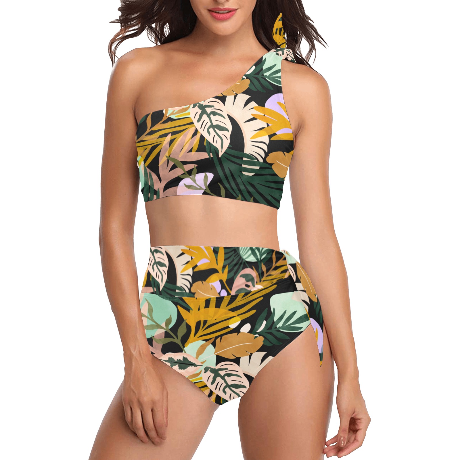 Dark modern abstract jungle CPD8 High Waisted One Shoulder Bikini Set (Model S16)