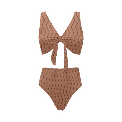 Tan brown with olive green chevron vertical lines pattern Chest Bowknot Bikini Swimsuit (Model S33)