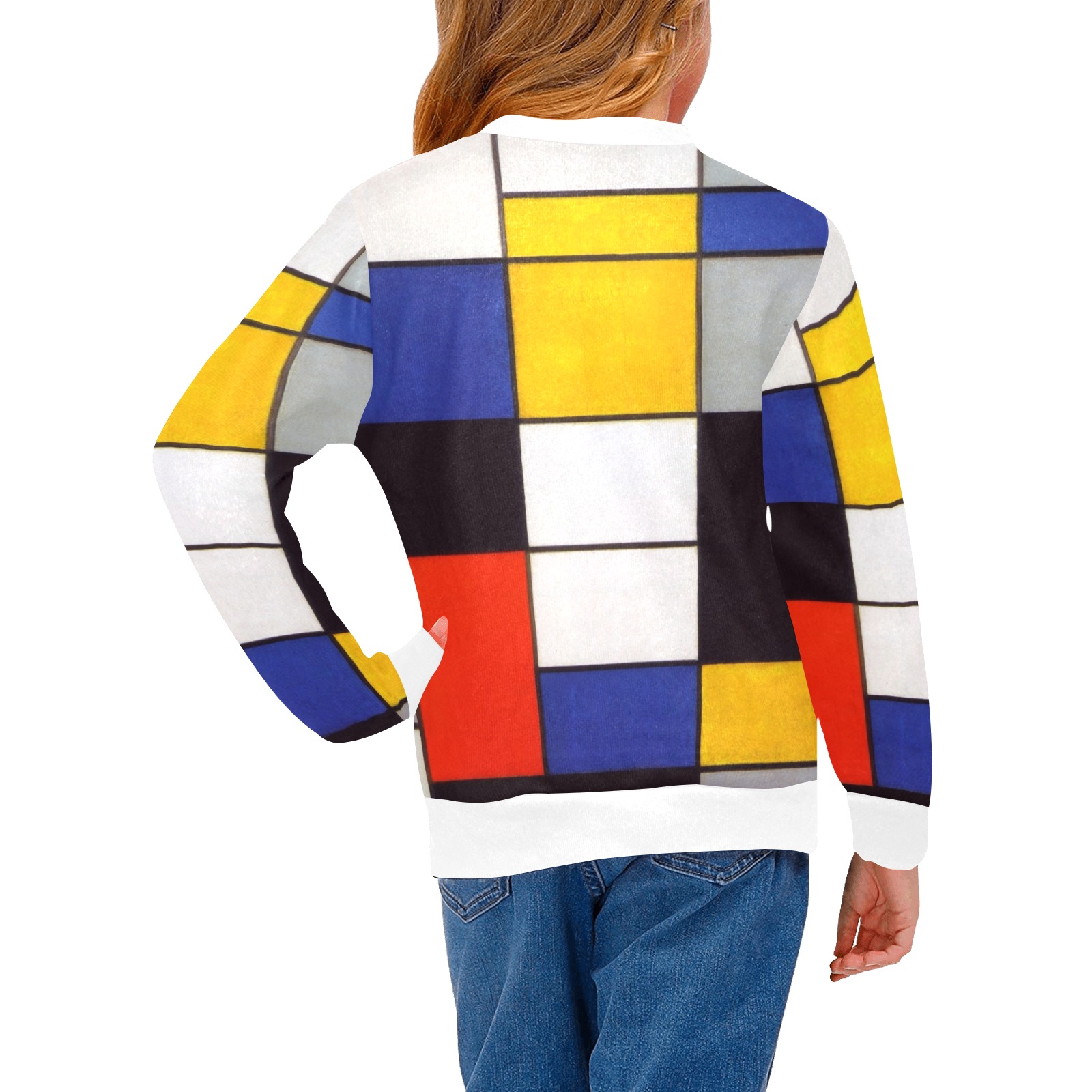 Composition A by Piet Mondrian Girls' All Over Print Crew Neck Sweater (Model H49)