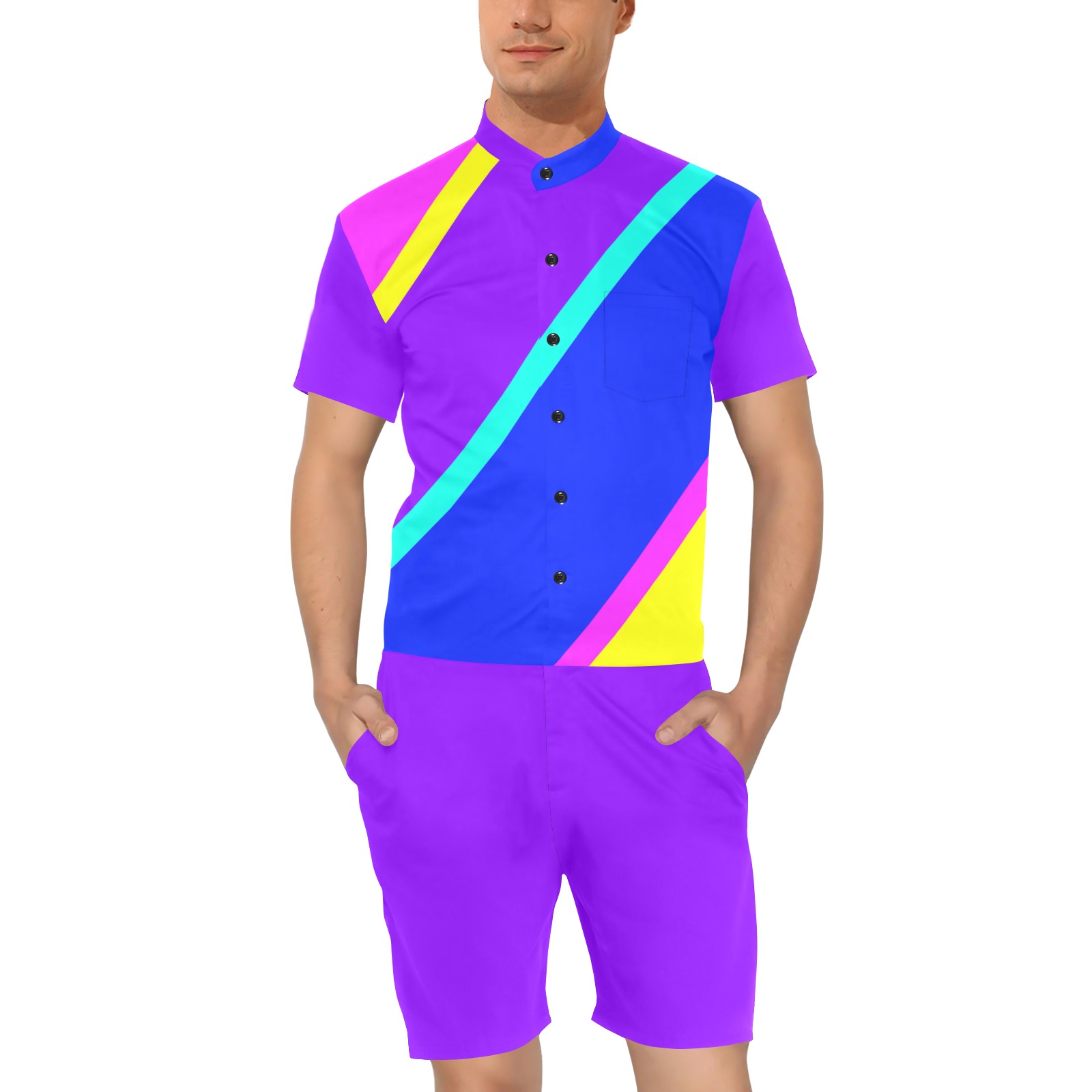 Bright Neon Colors Diagonal Men's Short Sleeve Jumpsuit