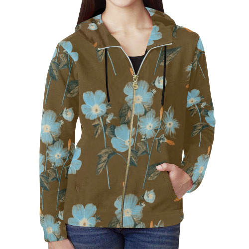 Rustic Blue Floral Bouquet All Over Print Full Zip Hoodie for Women (Model H14)