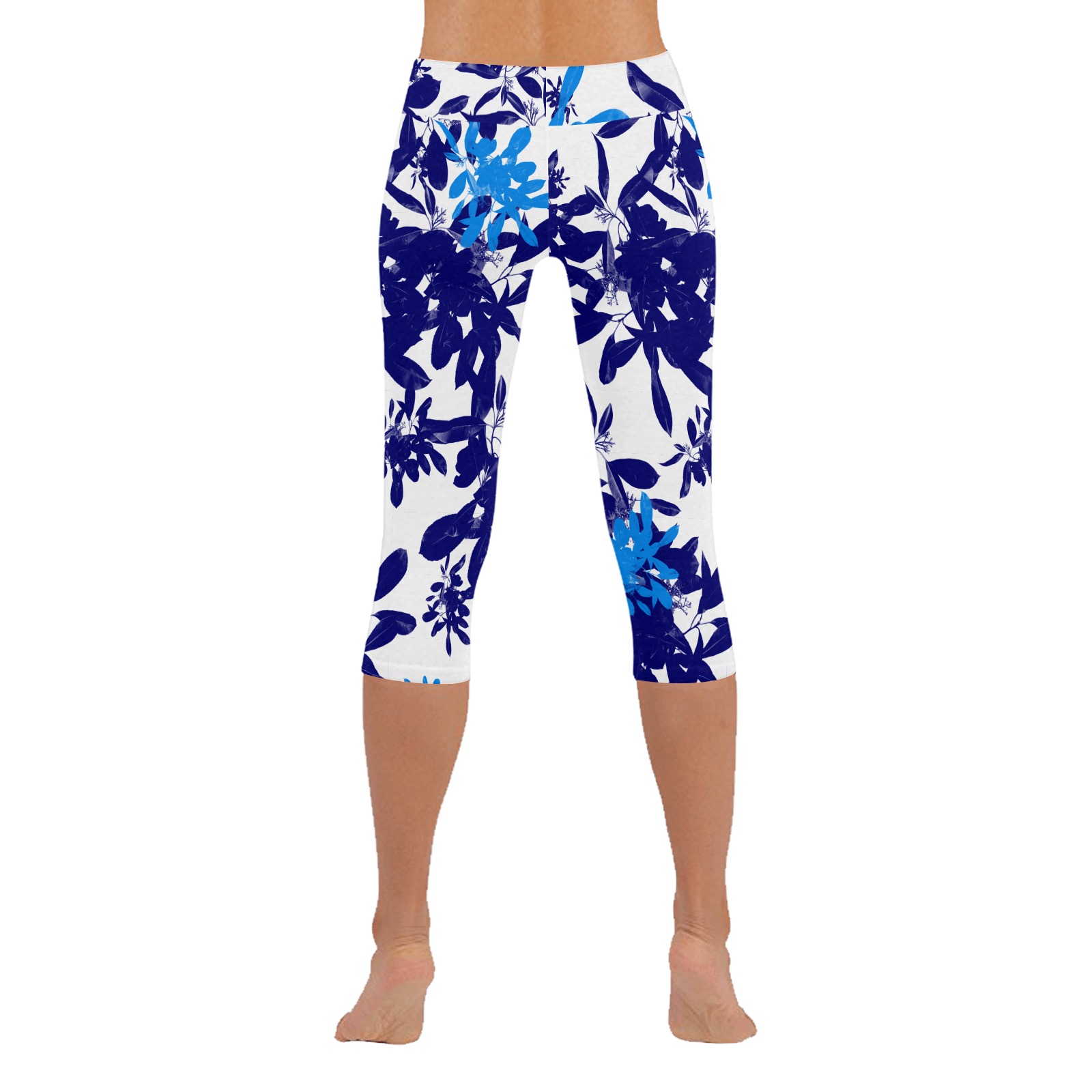 Light Blue and Navy Botanical Women's Low Rise Capri Leggings (Invisible Stitch) (Model L08)