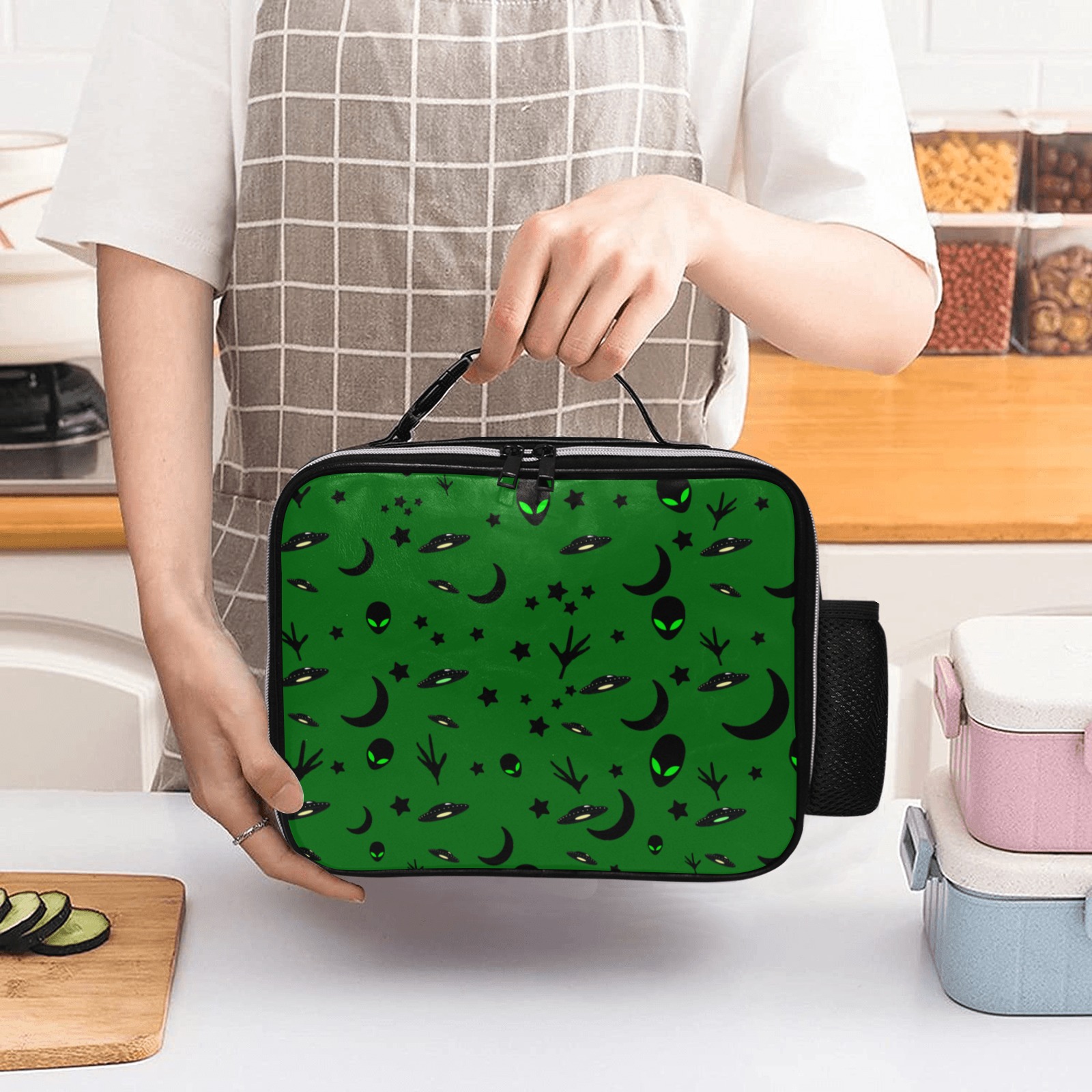 Aliens and Spaceships - Green PU Leather Lunch Bag (Model 1723)
