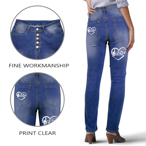 I love music, violin clef, notes, heart in white. Women's Jeans (Back Printing)