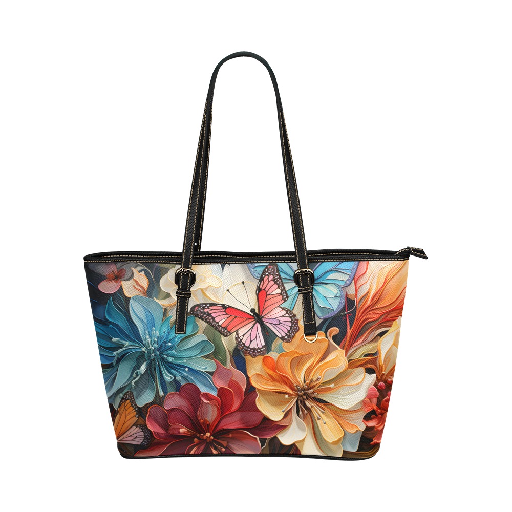 Butterflies and Lillies Leather Tote Bag/Small (Model 1651)