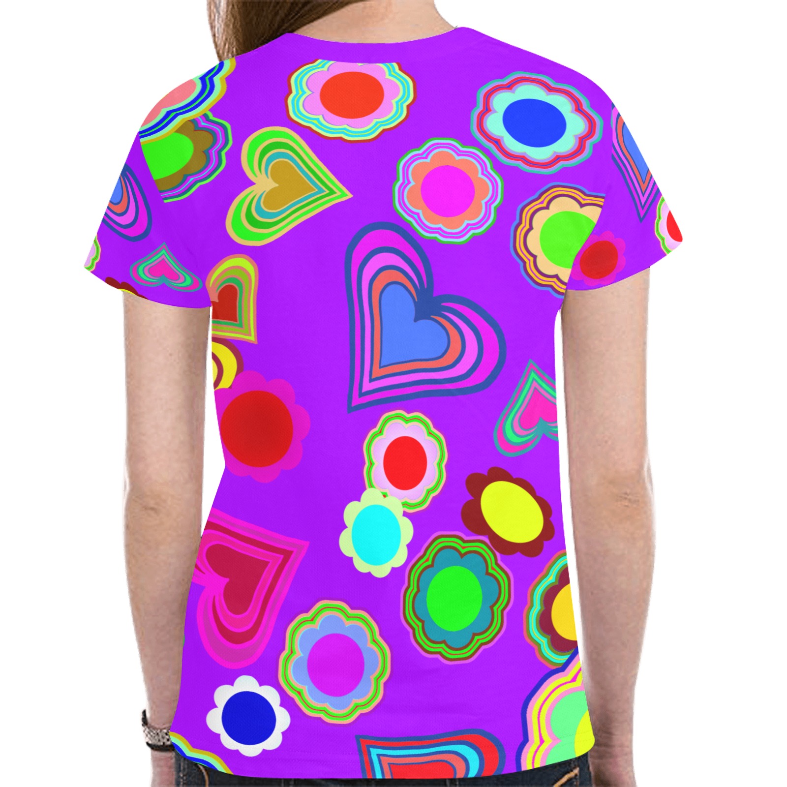 Groovy Hearts Flowers Pattern Purple New All Over Print T-shirt for Women (Model T45)