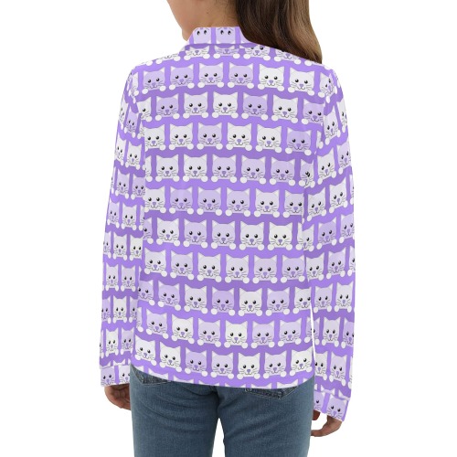 Kittens - Purple Big Girls' All Over Print Long Sleeve Polo Shirt (Model T73)