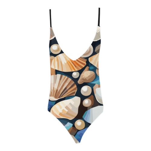 Abstract art of shells, conches, pearls, diamonds. Sexy Lacing Backless One-Piece Swimsuit (Model S10)