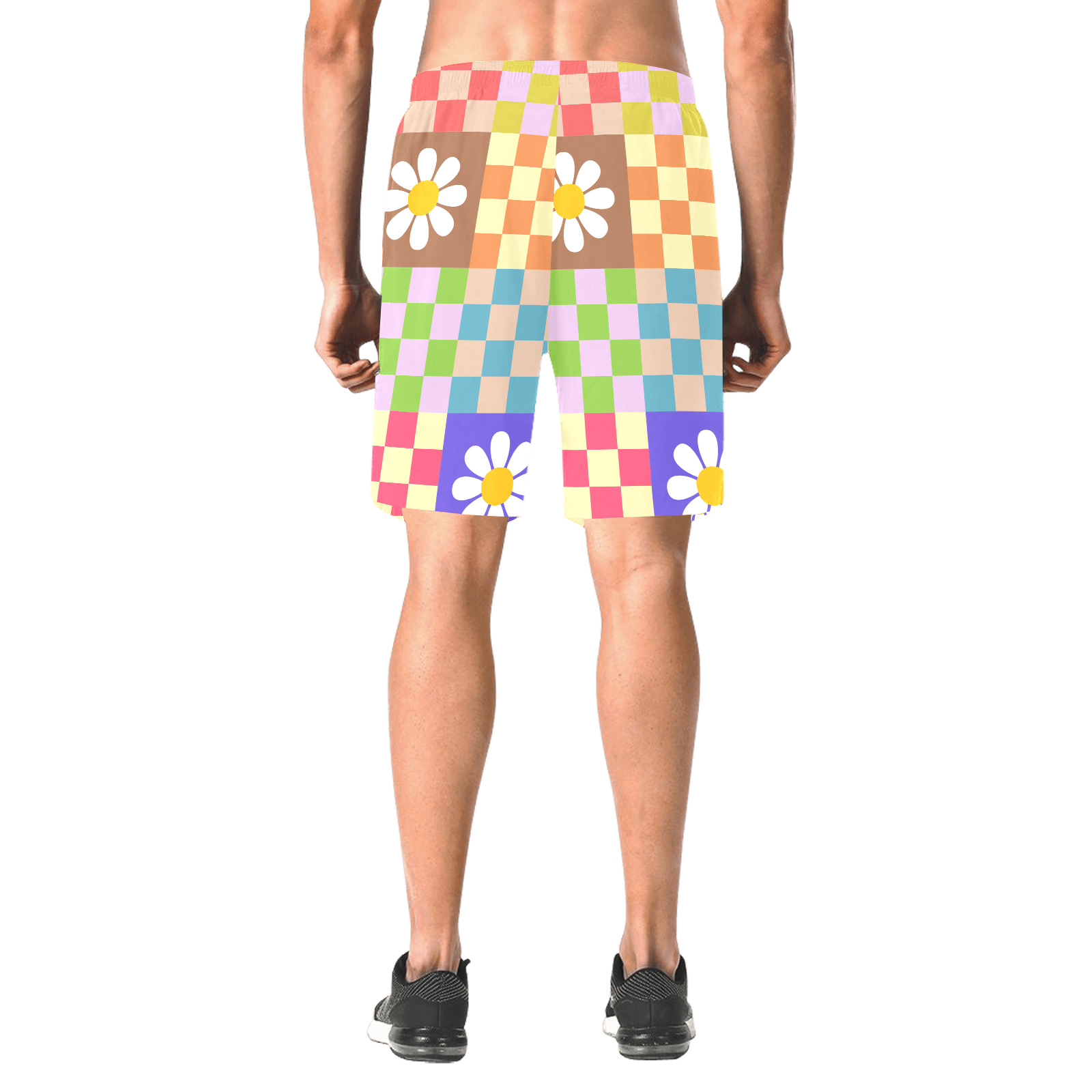 Mid Century Geometric Checkered Retro Floral Daisy Flower Pattern Men's All Over Print Elastic Beach Shorts (Model L20)