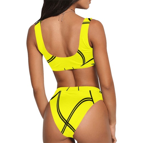 Black Interlocking Squares twirled yellow Sport Top & High-Waisted Bikini Swimsuit (Model S07)