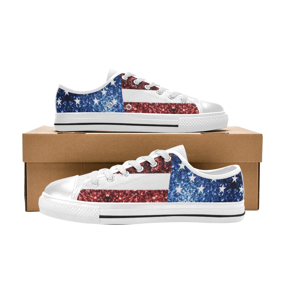 Sparkly USA flag America Red White Blue faux Sparkles patriotic bling 4th of July Low Top Canvas Shoes for Kid (Model 018)