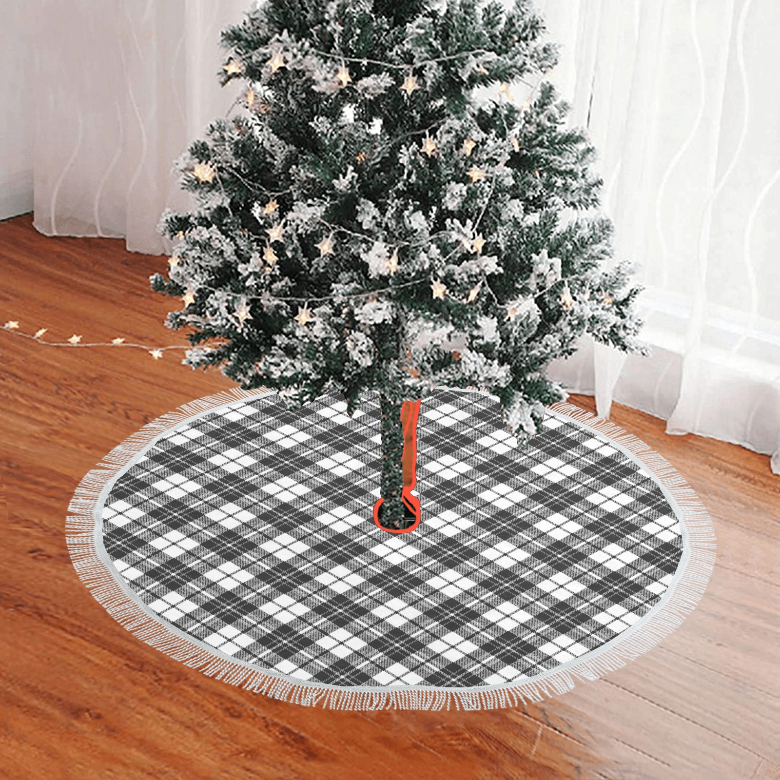Tartan black white pattern holidays Christmas xmas elegant lines geometric cool fun classic elegance Thick Fringe Christmas Tree Skirt 36"x36"