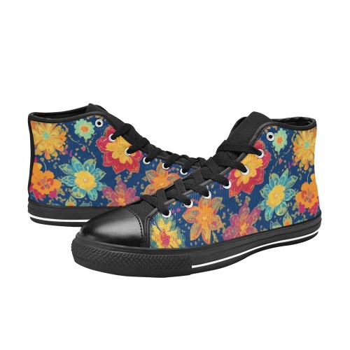 Fantasy floral pattern of colorful flowers on dark Women's Classic High Top Canvas Shoes (Model 017)