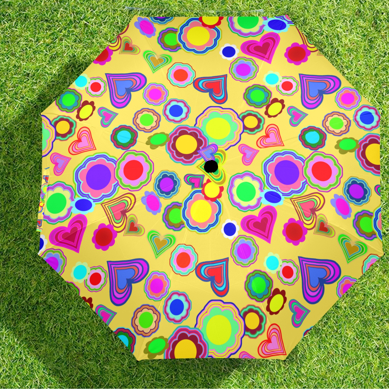 Groovy Hearts and Flowers Yellow Semi-Automatic Foldable Umbrella (Model U12)