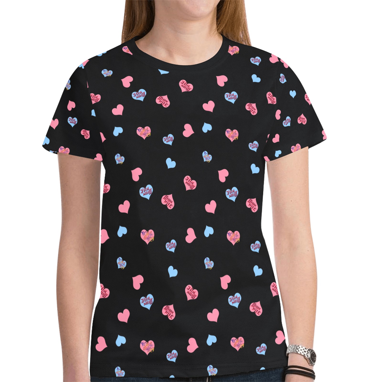Pink-Blue Hearts-Wild Thing-Hot Stuff Black New All Over Print T-shirt for Women (Model T45)