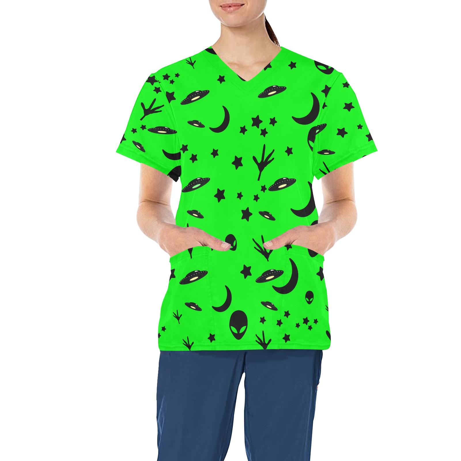 Aliens and Spaceships - Neon Green All Over Print Scrub Top