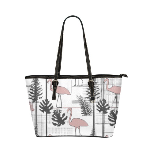 flamingos and ferns Leather Tote Bag/Large (Model 1651)