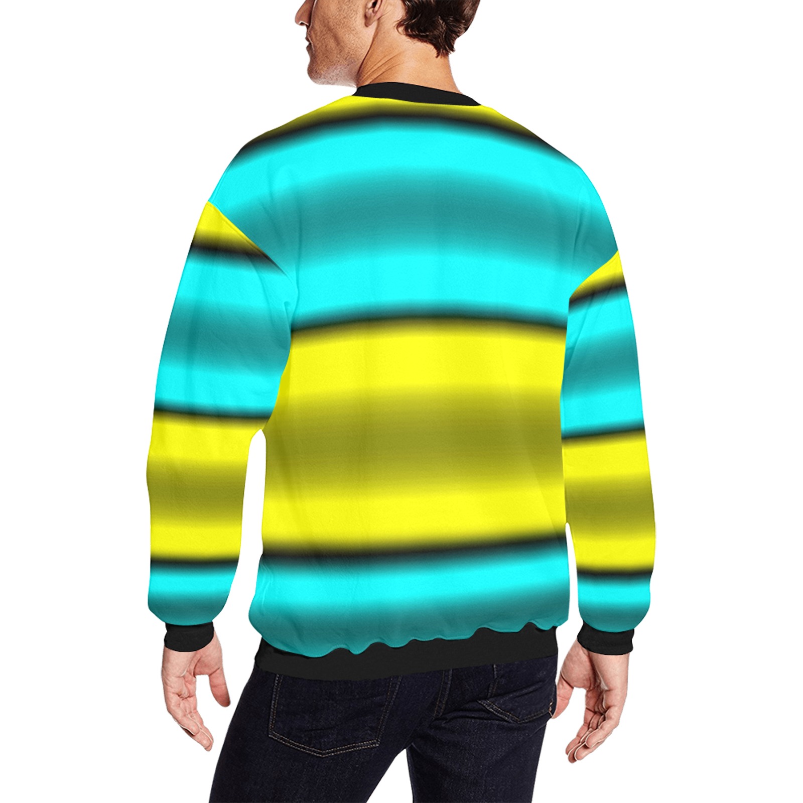 Yellow & Cyan Horizontal Stripes Men's Oversized Fleece Crew Sweatshirt (Model H18)