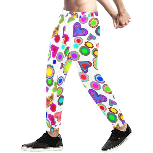 Groovy Hearts and Flowers White Unisex Casual Sweatpants (Model L11)