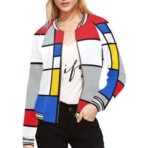 Geometric Retro Mondrian Style Color Composition All Over Print Bomber Jacket for Women (Model H21)