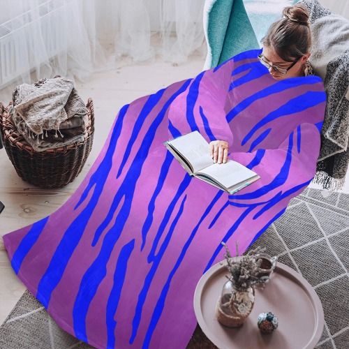 Metallic Tiger Stripes Pink Blue Blanket Robe with Sleeves for Adults
